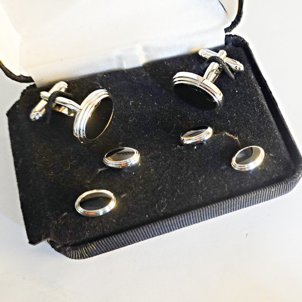 silver and onyx cufflinks and studs